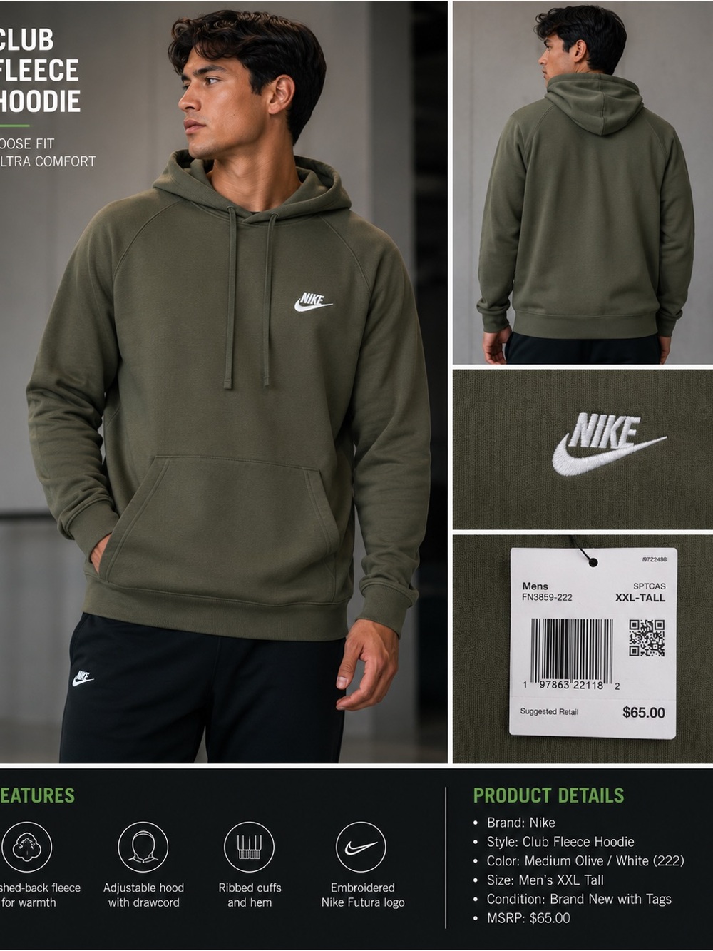 Nike Olive Green Pullover Hoodie with White Logo